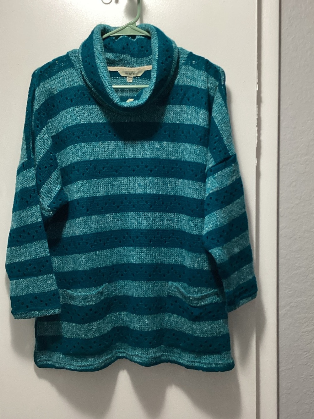 Striped Teal Cowl-Neck Sweater Tunic